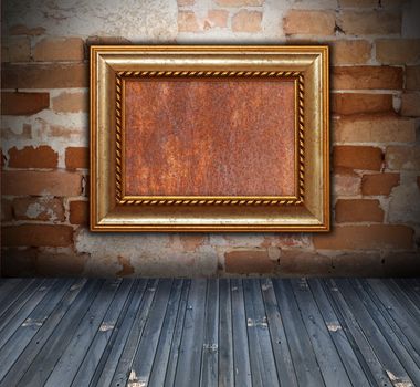 backdrop with old wooden frame on grungy brick wall