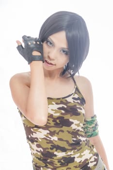 Asian female in army clothing on isolated white background