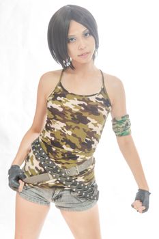 Asian female in army clothing on isolated white background