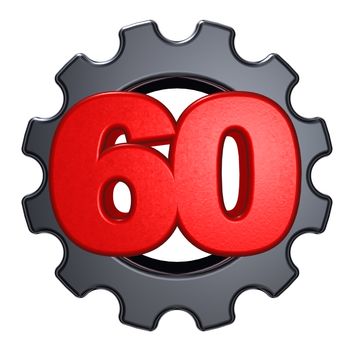 number sixty and gear wheel on white background - 3d illustration