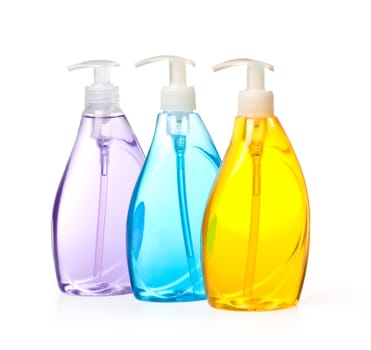 Plastic Bottles with liquid soap on a white background with clipping path