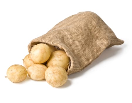 potatoes in burlap bag isolated on white background with clipping path