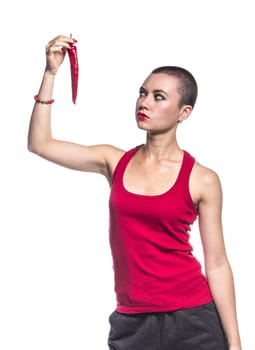 Woman with chili pepper on white background