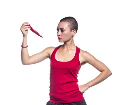 Woman with chili pepper on white background