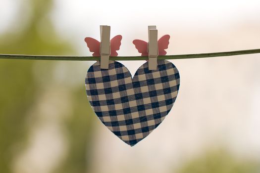 blue heart attached to a clothesline with pin