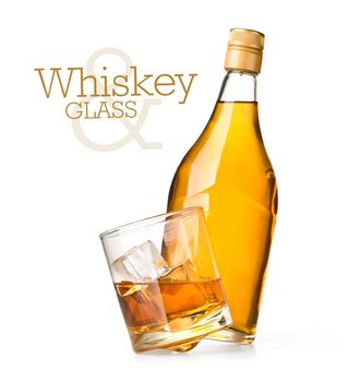 glass and bottle of whiskey on a white background