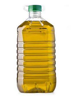 Plastic bottle of olive oil with handle on white background
