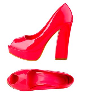 Red women shoes isolated over white, side view and view from above