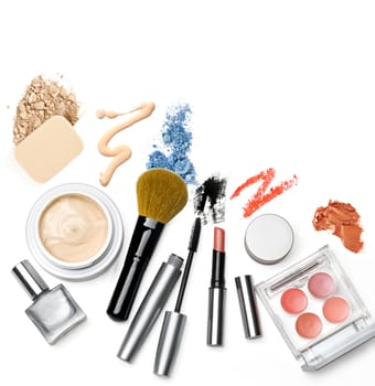 makeup brush and cosmetics, on a white background isolated, 