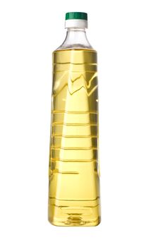 Plastic bottle of olive oil  on white background