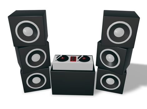 dj turntables and speaker tower - 3d illustration