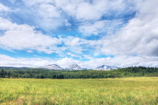 Beautiful norwegian landscape with green meadow and mountains