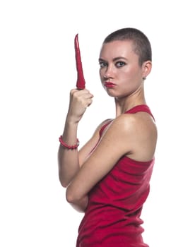 Woman with chili pepper on white background