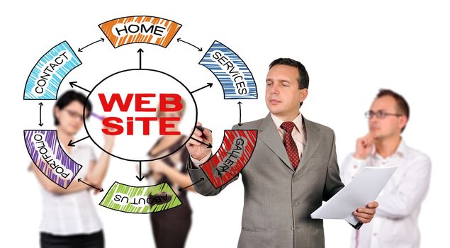businessman writing scheme website and people on background