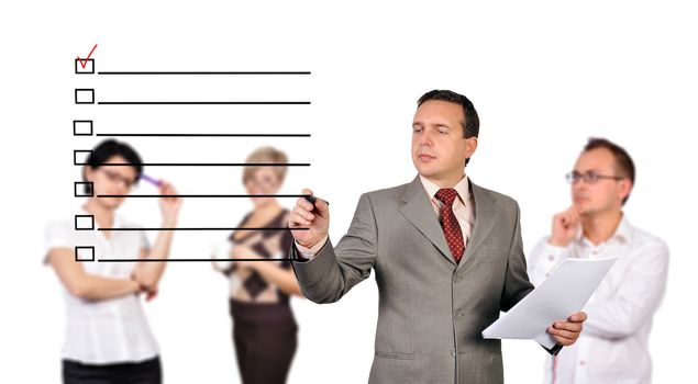 businessman drawing check box  and people on background