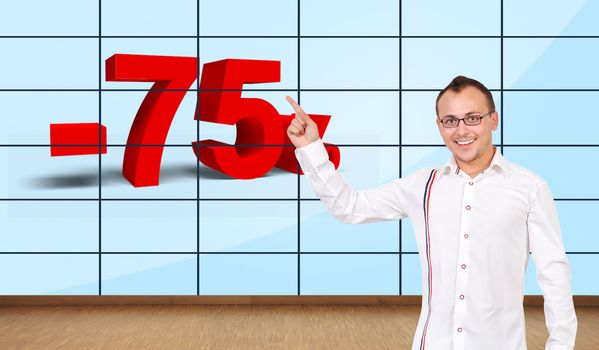happy man pointing at discount on plasma wall
