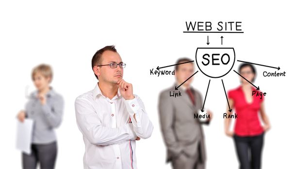 businessman looking at seo scheme on a board invisible