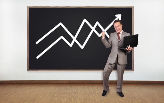 happiness businessman and blackboard with chart on wall