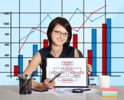 businesswoman sitting in office and clipboard with business strategy