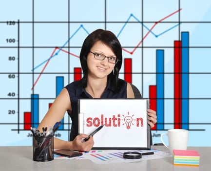 businesswoman sitting in office and clipboard with solution