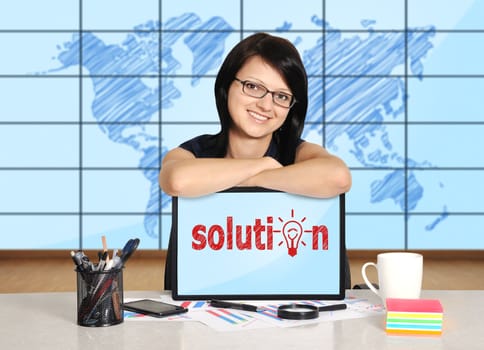 smilling woman and tablet with solution concept