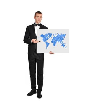 businessman in tuxedo holding poster with world map
