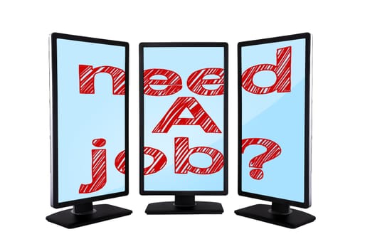 three computer monitors with need a job