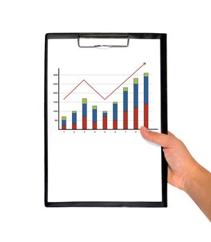 hand holding clipboard with chart on a white background