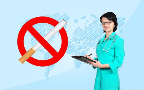 young female doctor with clipboard, stop smoking concept