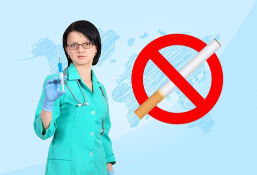 young female doctor with syringe, stop smoking concept