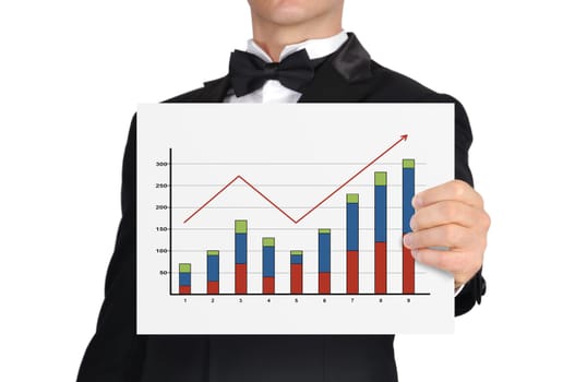 businessman holding poster with graph in hand
