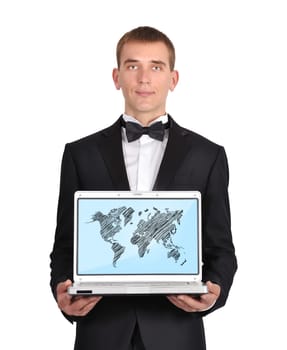 businessman in tuxedo holding laptop wirth world map