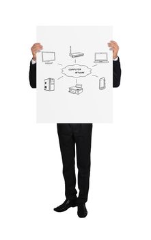 businessman in tuxedo holding poster with computer network