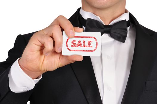 businessman holding visiting card with sale