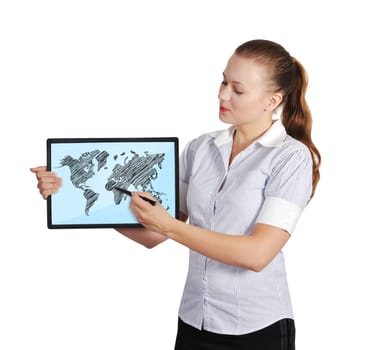 girl holding touch pad with world map