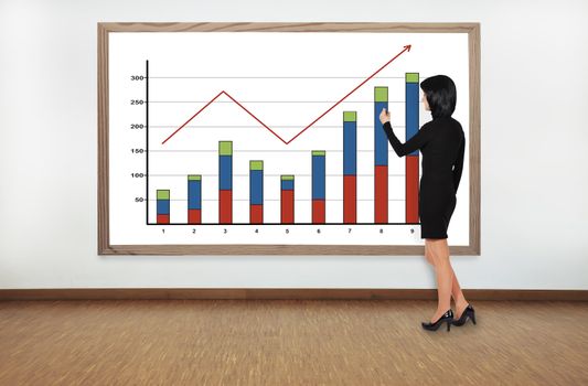 businesswoman drawing graph on blackboard in office