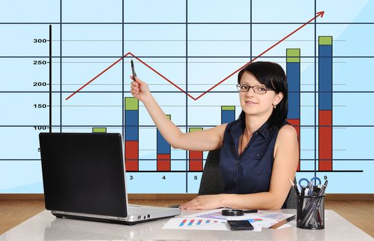 businesswoman in office pointing at plasma panel with chart