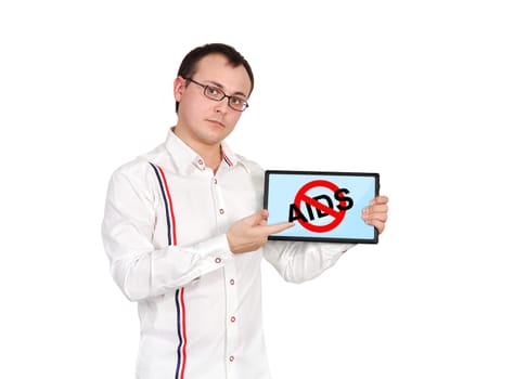 businessman holding tablet with stop aids symbol