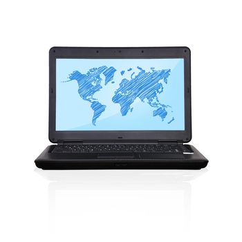 black laptop with world map on screen