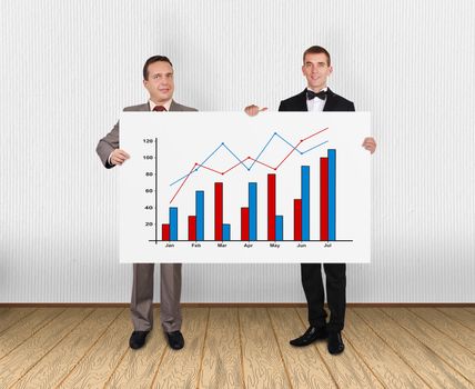 two businessman holding placard with chart in office