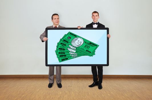 two businessman in room holding plasma panel with dollar