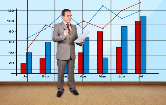 businessman in office and chart on plasma wall
