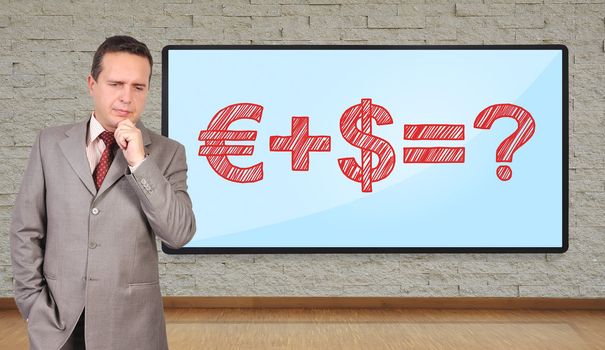 businessman thinking and plasma with business formula on wall