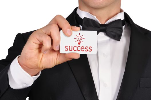 businessman holding visiting card with success