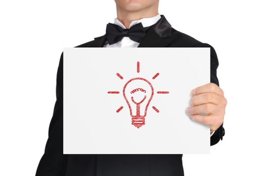 businessman holding poster with lightbulb
