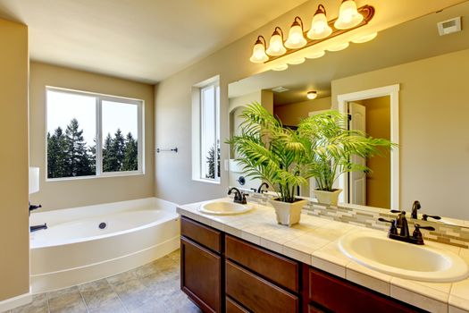 New home bathroom  interior with shower and bath combination, wood cabinet and toilet.