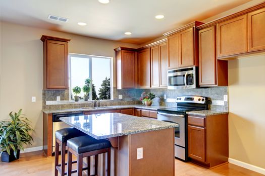 New home kitchen interior with dark brown cabinets and hardwood floors.