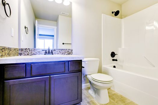 New home bathroom  interior with shower and bath combination, wood cabinet and toilet.