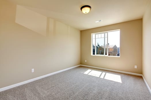 New empty room with beige carpet.. New house development in USA.