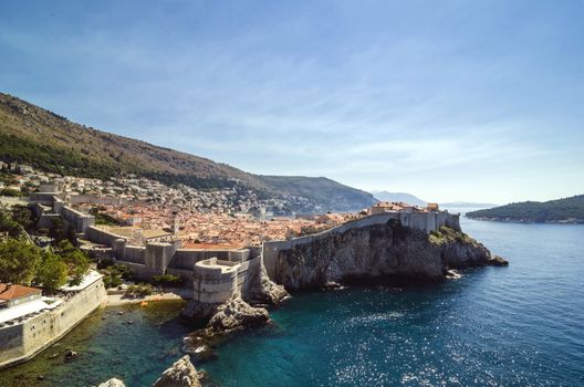 Old Dubrovnik town with heavy fortification walls, Croatia, Europe.